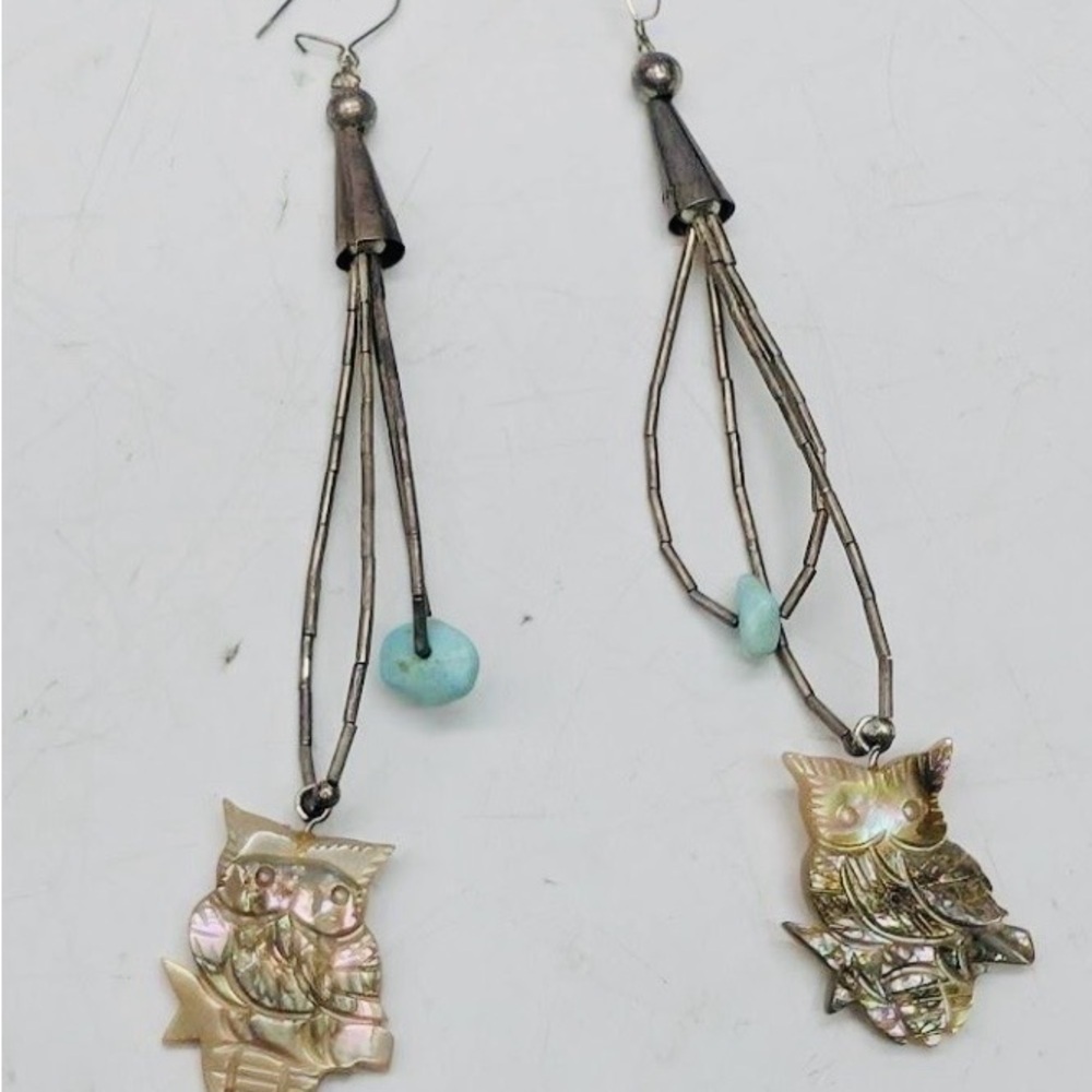 Silver Forest Owl Earrings Hancrafted Mother-of-Pearl Turquoise Accents Native